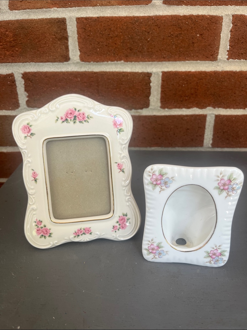 Vintage Picture Frame Set White China with Pink Rose Floral Accents Cottage Chic